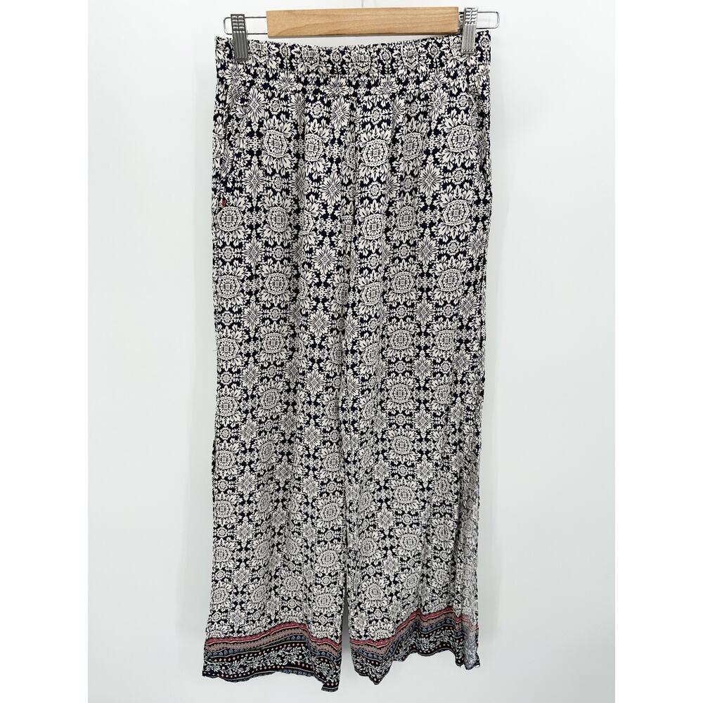 Abbeline Womens Navy Blue Cream Floral Wide Leg Pants Size‎ S Boho Stretch Waist